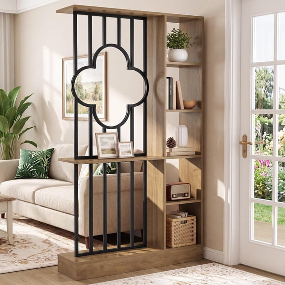 Finmind 71" Room Divider with Shelves, Freestanding Wooden & Metal Room Partition, Storage Wall Divider for Bedroom, Living Room & Home Office, Brown