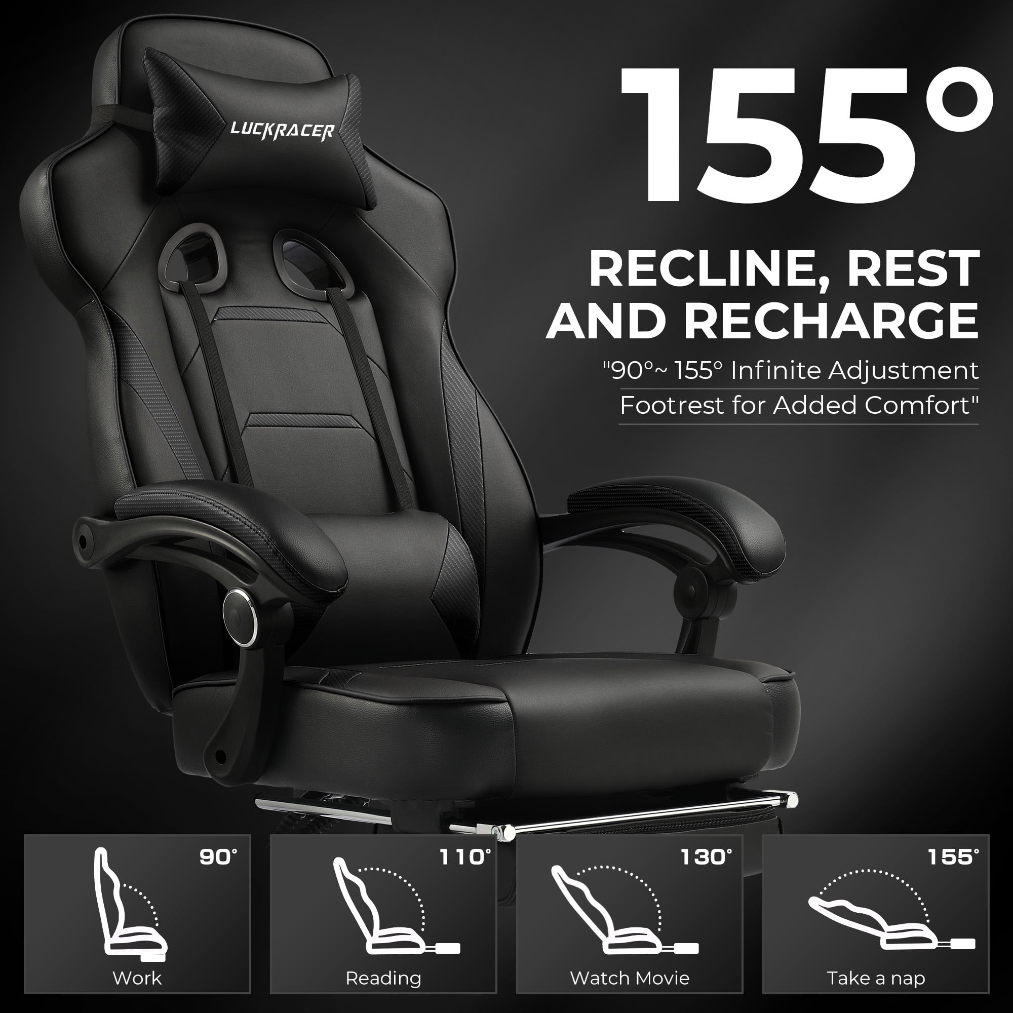 LUCKRACING Gaming Chair with Footrest, Big and Tall Game Chair 350lb Racing Style Computer Chair, Ergonomic Executive Office Chair High Back with Lumbar Support and Recliner, Black