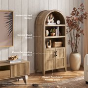 mopio Lauren 77.4 Tall Arched Cabinet, 5-Tier Arched Bookcase with Doors and Adjustable Shelves, Arched Bookshelf with Storage, Kitchen Pantry Cabinet, Wooden Storage Cabinet for Living Room (Oak)