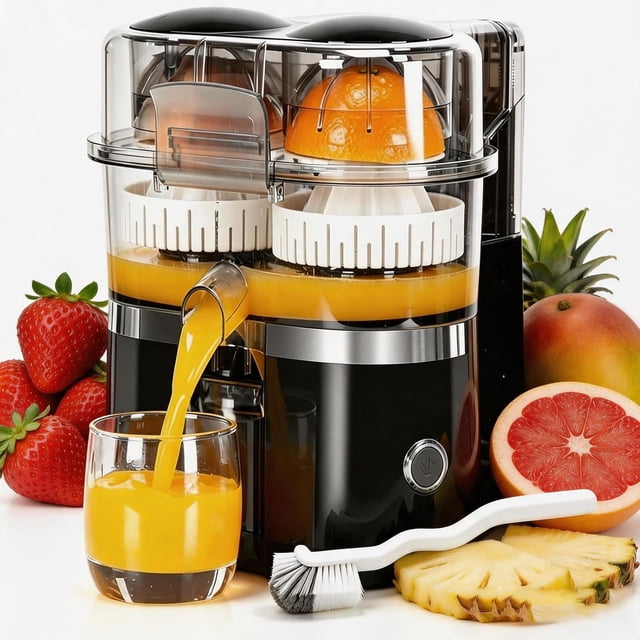 Dual-Head Automatic Citrus Juicer with Built-in Fruit Cutter, Electric Orange Juicer Machine & Lemon Squeezer, One-Touch Juicing for Orange, Lemon, Lime, Grapefruit, Detachable, Easy to Clean (Black)