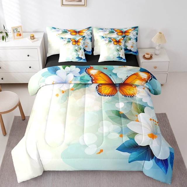 Erosebridal Wild Butterfly Bedding Sets Queen Size, Spring Garden Blossoms Comforter Sets with Sheets, Reversible 7-Piece