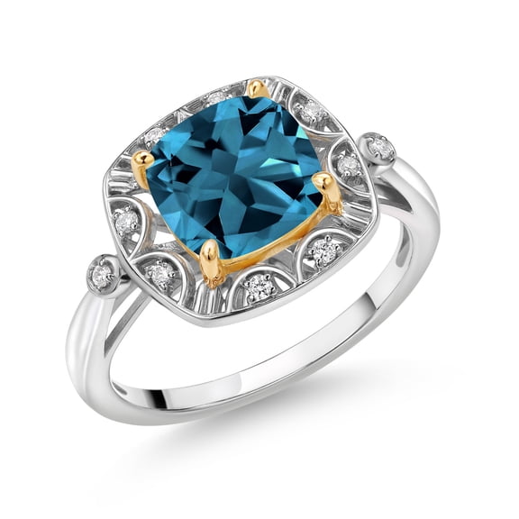 Gem Stone King 925 Sterling Silver and 10k Yellow Gold London Blue Topaz and White Lab Grown Diamond Engagement Ring for Women (2.87 Cttw, Cushion Cut 8MM, Size 5)