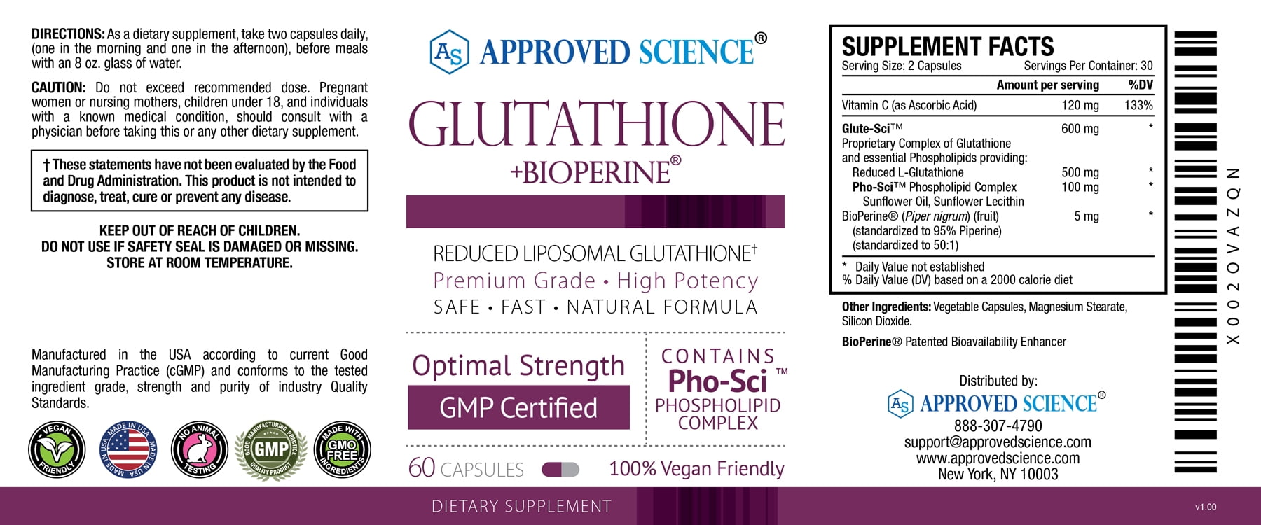 Approved Science Glutathione - Glutathione 500 mg - Phospholipid Complex, Vitamin C, Bioperine - Top Antioxidant to Help Neutralize Free Radical - Vegan Friendly - 60 Capsules - 1 Bottle