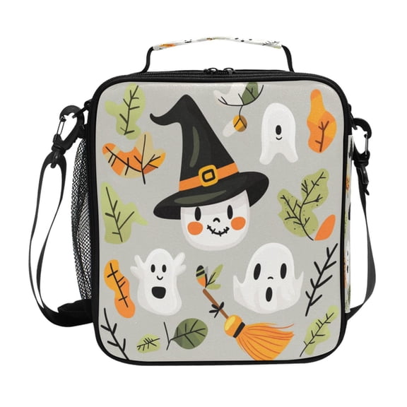 Insulated Square Lunch Bag with Side Mesh Pocket Fashion Lunch Box Reusable Lunch Tote 10.5" x9.5" x3.5" Halloween-themed Vector Elements