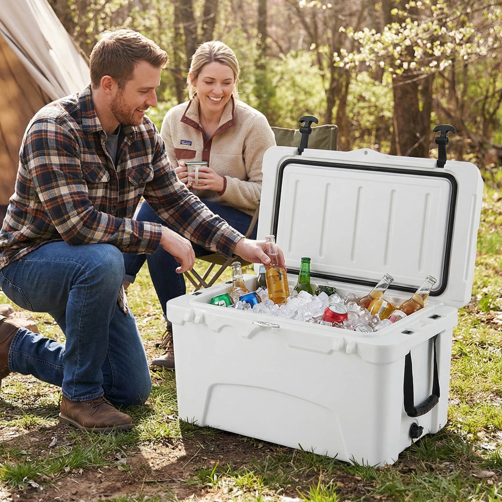 Costway 42.5 L Portable Hard Cooler with 2 Cup Holders,Ruler & Opener,cool for up to 6 Days White