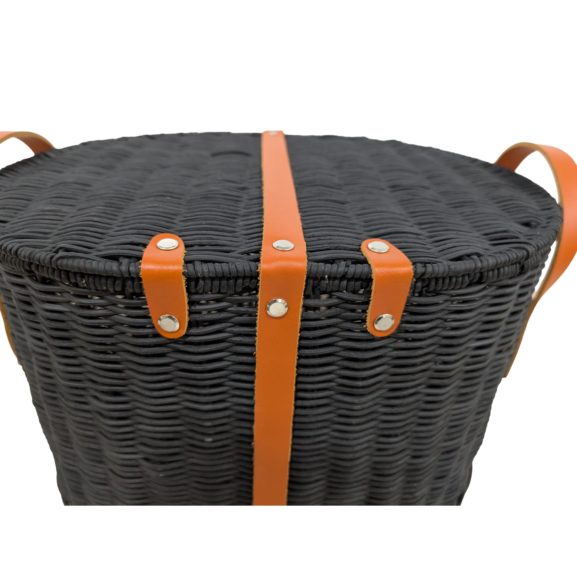 DecMode 16" x 11" Black Rattan Handmade Woven Storage Basket with Brown Leather Handles, 1-Piece