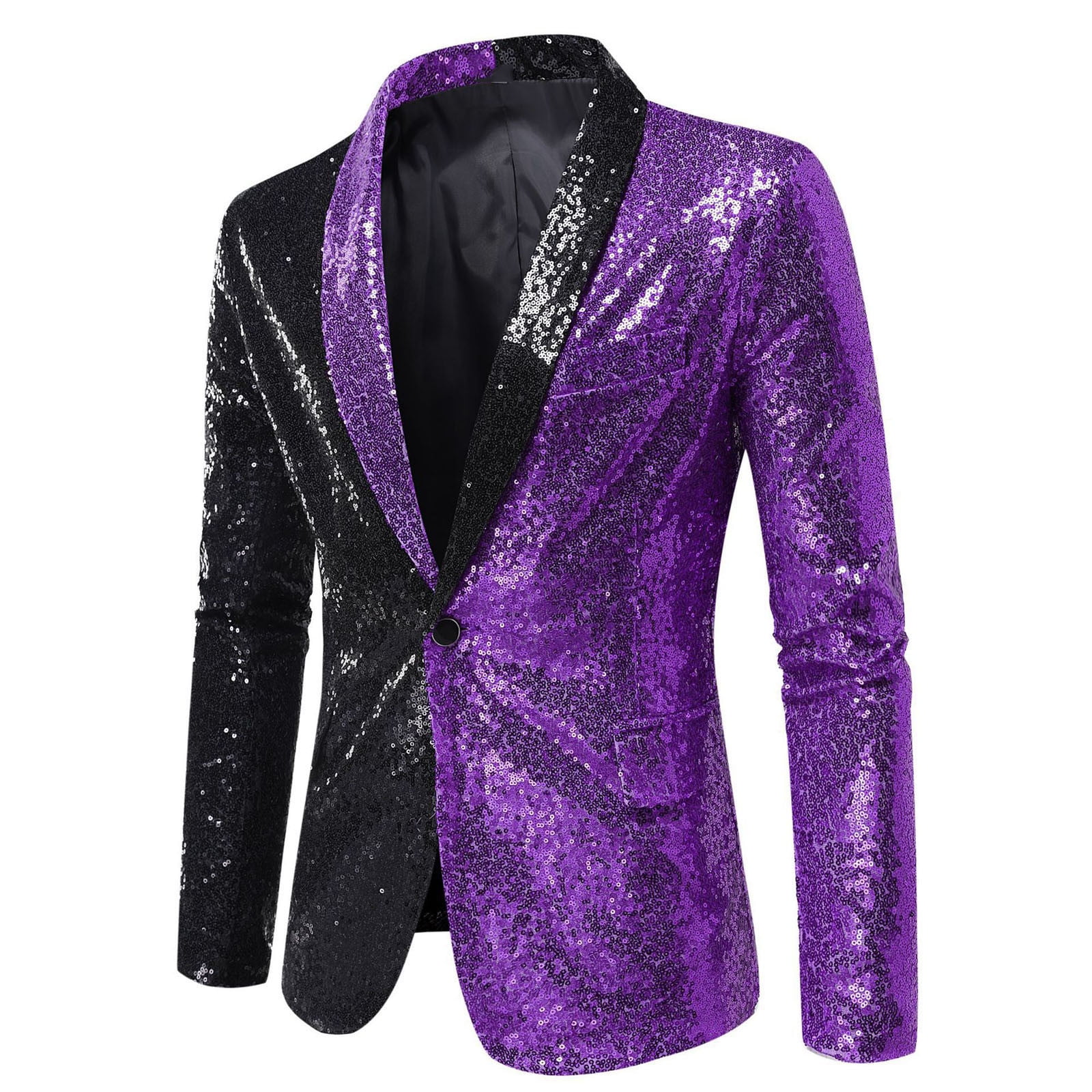 SMihono Winter Fall Men's Color Matching Sequin Suit, One Button Dress,  Performance Suit, Long Sleeved Lapel Collar Suit Jacket Coat Blazer Purple  4 
