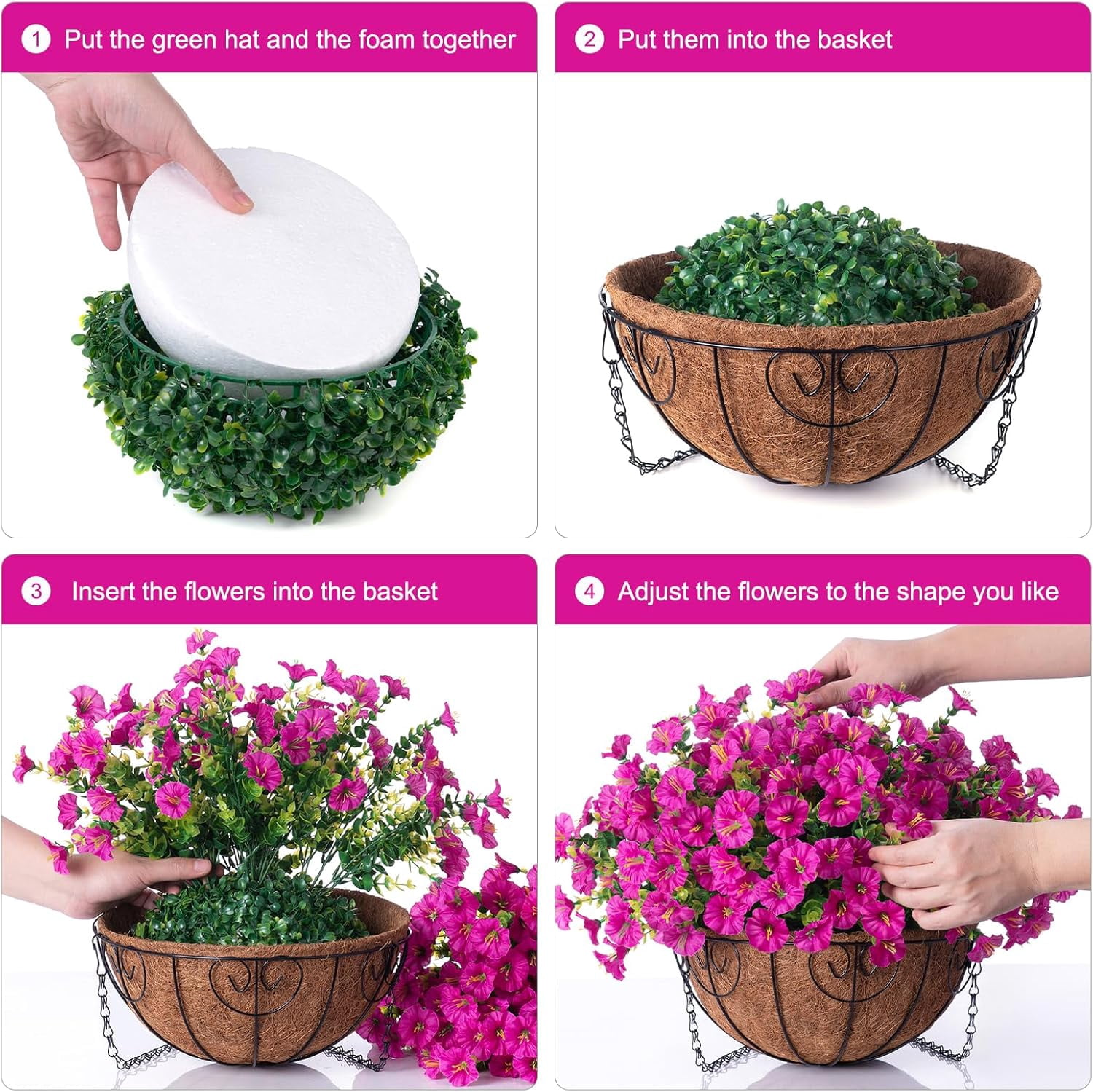 Artificial Fake Hanging Plants Flowers Basket for Outdoor Spring Summer Decoration, Faux Silk UV Sun Resistant Look Real Morning Glory Eucalyptus Fuchsia for Outside Porch Patio Balcony Home