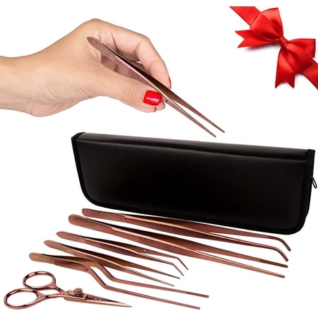 O Creme Set of Culinary Tweezer Tongs Offset Straight and Curved Plus Super Sharp Chef Scissors Total 6 Pieces Rose Gold