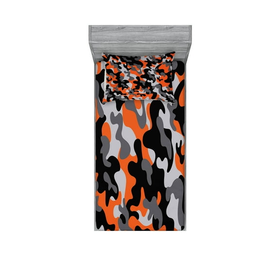 Ambesonne Camo Fitted Sheet & Pillow Sham Set, Modern Design, Twin, Orange Grey Black