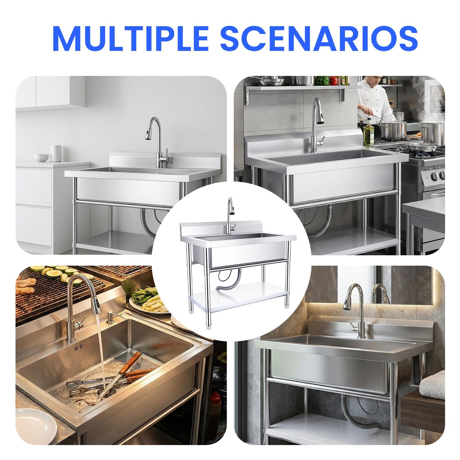 Free Standing Sink, Commercial Sink, Freestanding Utility Sink with Hot & Cold Water Pipes and pull-out Faucet, Stainless Steel Indoor and Outdoor Sink for Backyard Cleaning Station
