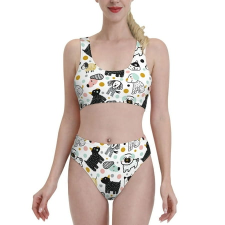 Fotbe Funny Puppy Women s High Waisted Bikini Tankini Sets Two Piece Bathing Suits High Cut Scoop Neck Swimsuit-Large