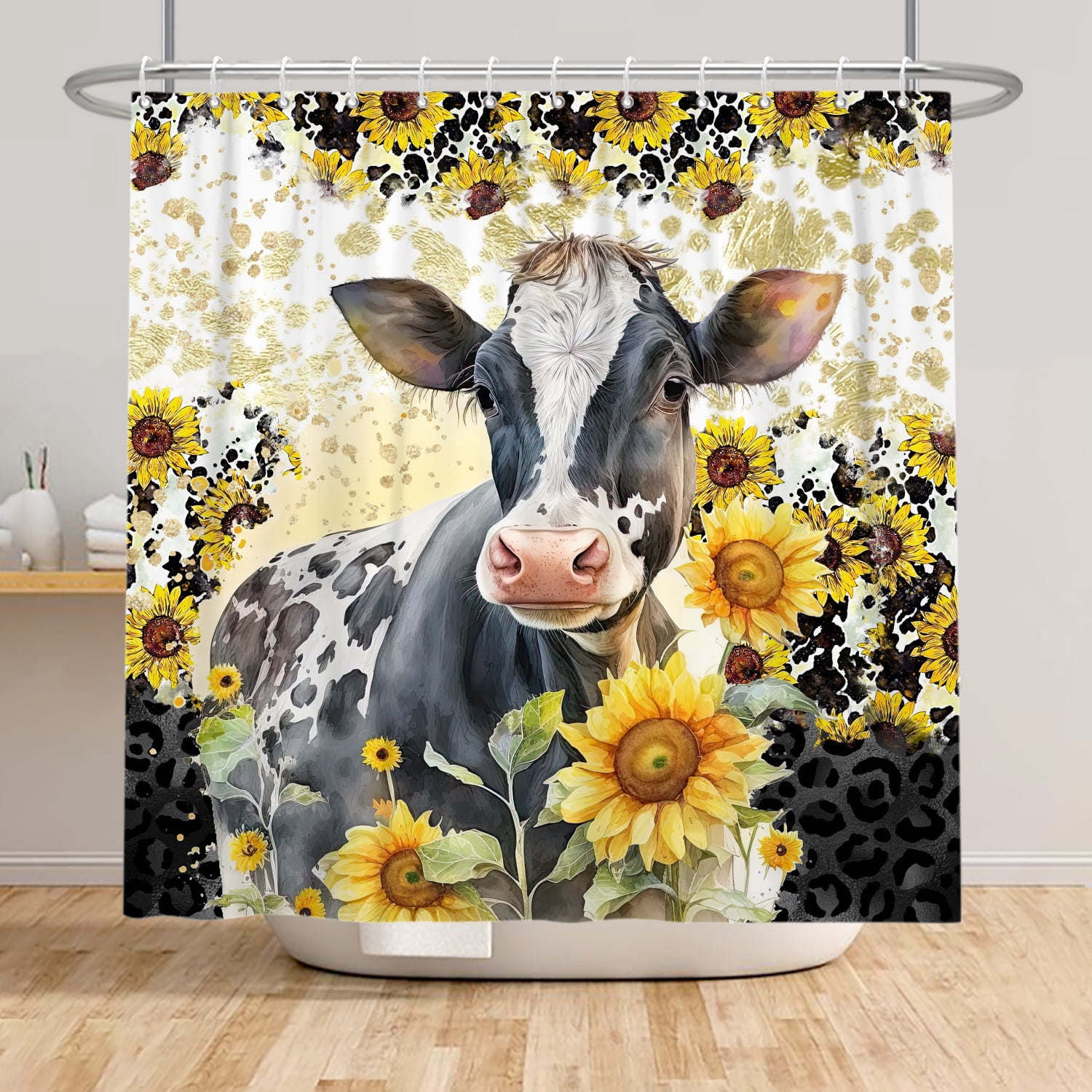 Mizhona Farm Shower Curtain for Bathroom Cow with Sunflowers Shower Curtains Waterproof Polyester Country Decor 72"x78"