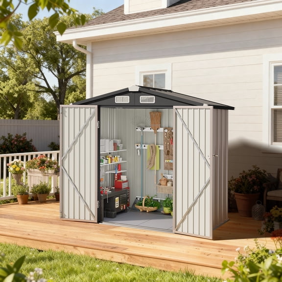 BaPiPro 6x4FT Brown Metal Storage Shed with Solid Floor, Gable Roof & Double Doors