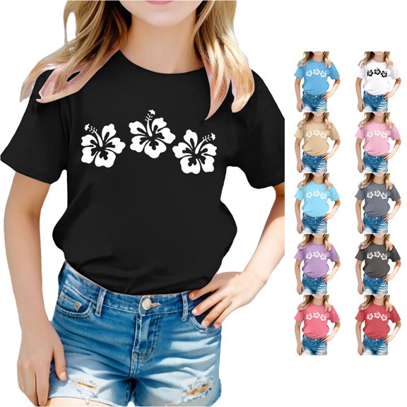 JCCXIN Toddler Kids Girls Tee Short Sleeve Flower Graphic Tops Crew Neck School Outdoor Playwear Loose Fit Summer Sweet Beach Casual Daily Wear,Black,3-4 Years