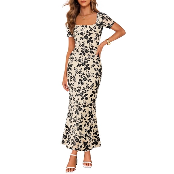 Merokeety Womens Summer Dresses Square Neck Mesh floral Graduation Maxi Dress Apricot xl