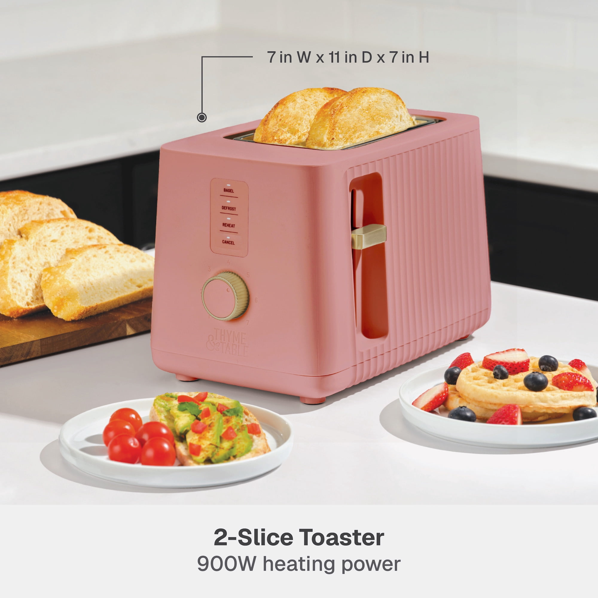 Thyme & Table 2-Slice Toaster, Extra-Wide Slots with Removable Crumb Tray, Faded Rose