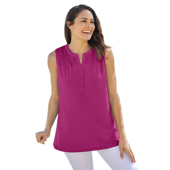 Woman Within Plus Size Smocked Henley Tank Top