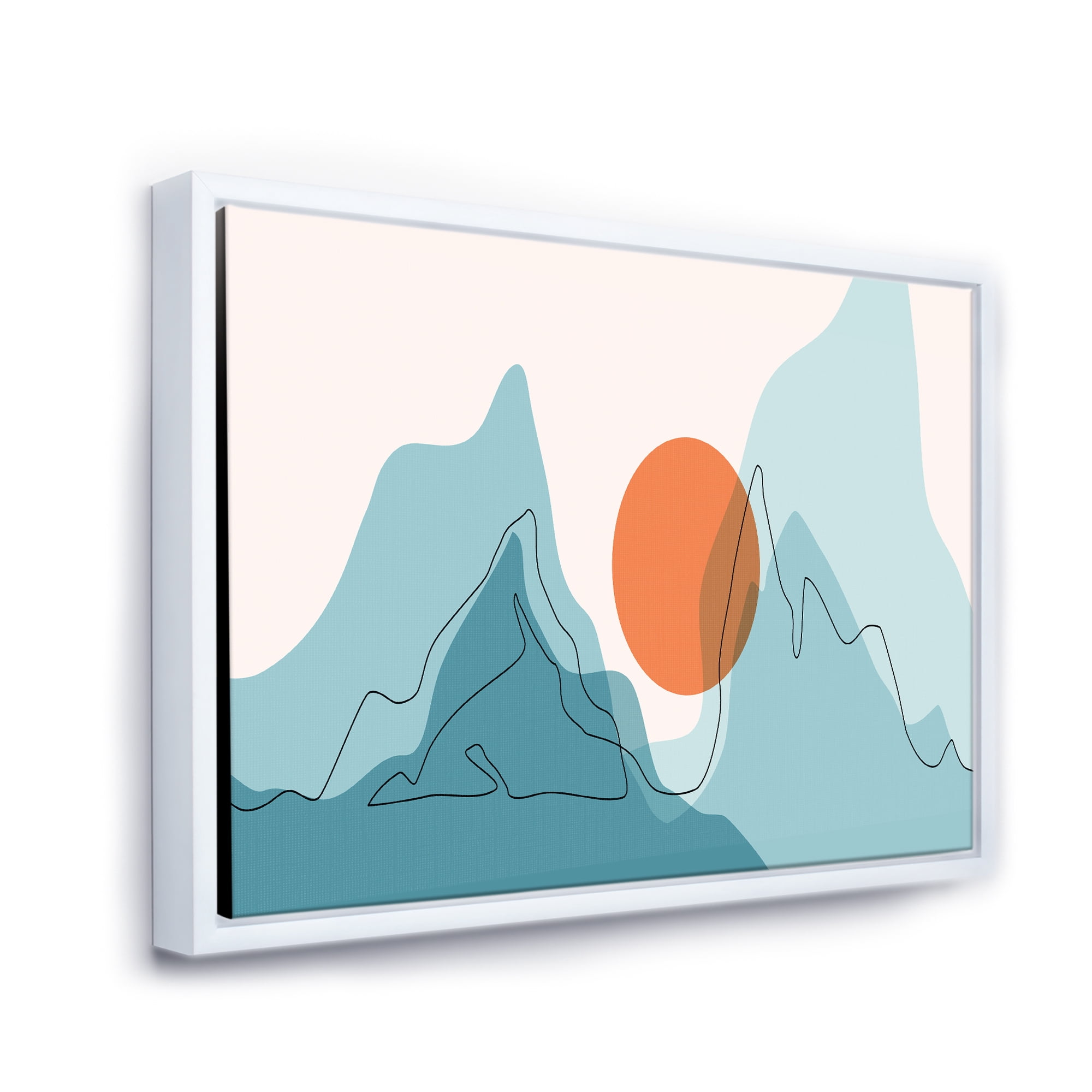 Designart 'Abstract Blue Mountains With Red Moon I' Modern Framed Canvas Wall Art Print