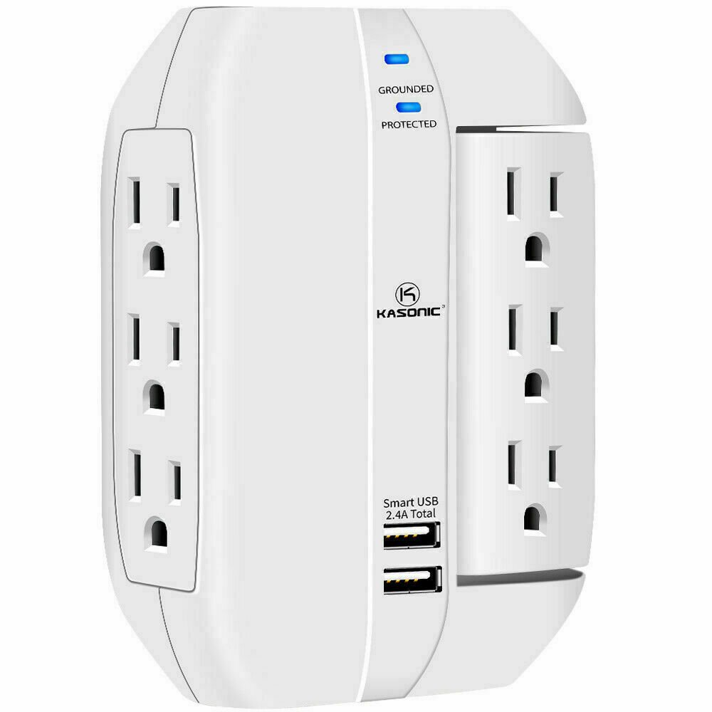 Wall Outlet Surge Protector, 6 Grounded Outlets with 2.4A Dual USB