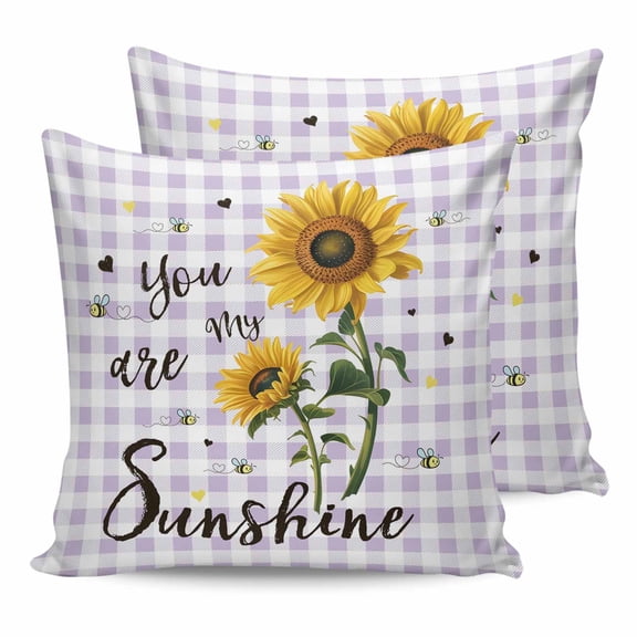 Outdoor Waterproof Throw Pillow Covers Set of 2 Bee Sunflower Pillowcases Square Outdoor Pillows Cushion Case 16x16 Inch Purple Buffalo Plaid You Are My Sunshine Patio Pillows for Couch Sofa Bed