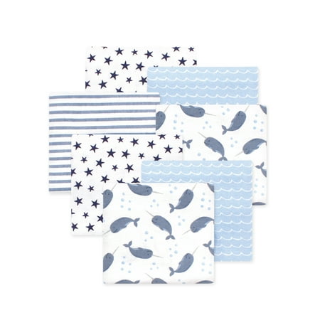 Little Treasure Hudson Baby Boys Cotton Poly Flannel Receiving Blankets 7-Pack, Blue Narwhal, 30x30 inches