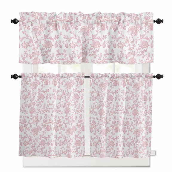 Pink Flower Kitchen Curtain Set, Vintage Farmhouse Boho Leaf Spring Solid Window Valance and Tiers 36" Length, Light Filtering Short Curtains Valance for Cafe Bathroom Bedroom 54"x18"