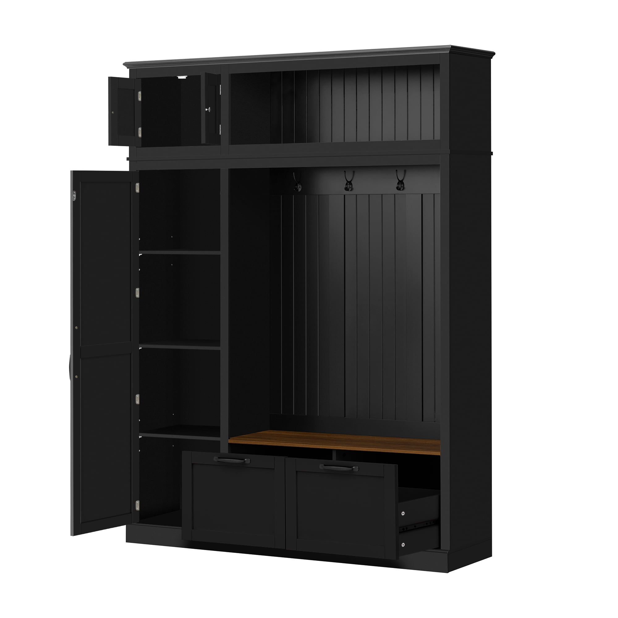 T-Foyer Farmhouse Black Hall Tree with 4 Hooks, Bench & Cabinets, Wooden Rustic Entryway Organizer with Open Storage & 2 Drawers