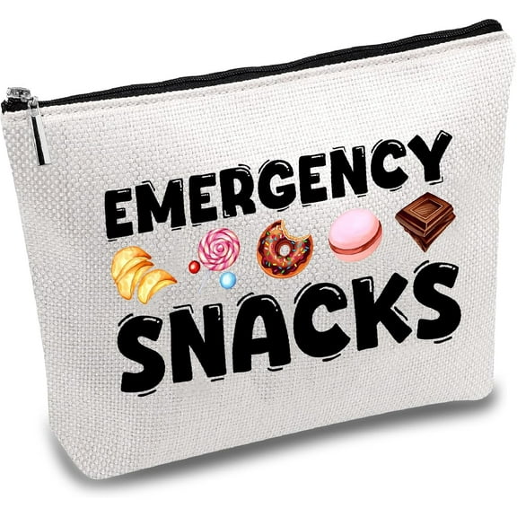 Emergency Snacks Makeup Bags for Women Travel Cosmetic Bag Zipper Pouch Multi Purpose Canvas Case Toiletry Packing Purse Storage Makeup Bag Organizer for Friend Daughter 10x7Inch Polycotton
