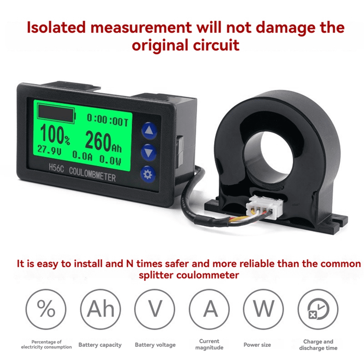 DC9-100V LCD Digital Hall Coulomb Meter Ammeter Voltmeter 50A Voltage Current Meter Battery Indicator Tester,1 * Hall Coulomb Meter,Black