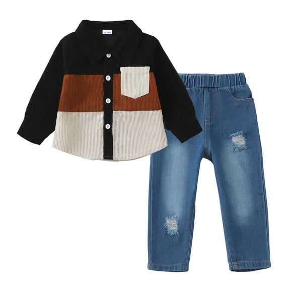 6 Months Baby Boys Clothes 12 Months Boys Fall Winter Pant Set Infant Boys Long Sleeve Color-blocked Lapel Top Jeans Pants 2PCS Outfits Set Black