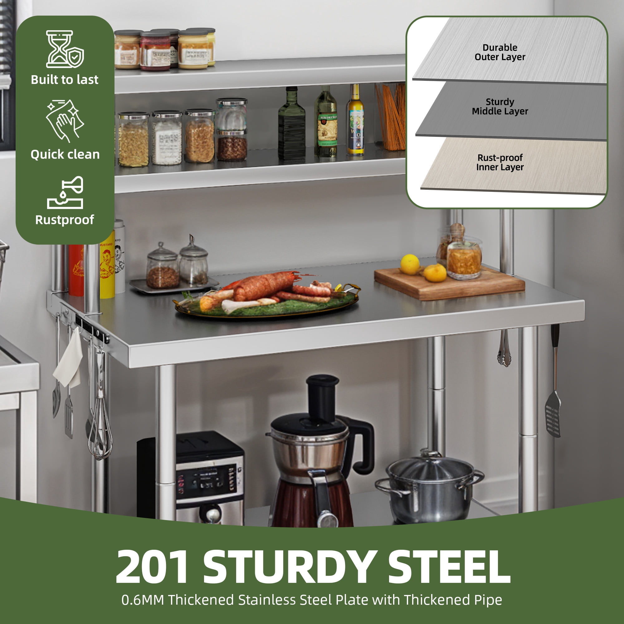 Uforic 42" x 24" Stainless Steel Prep Table with Adjustable Overshelf, Hooks, Heavy-Duty Metal Workbench for Commercial Kitchen Storage Shelves and Restaurants