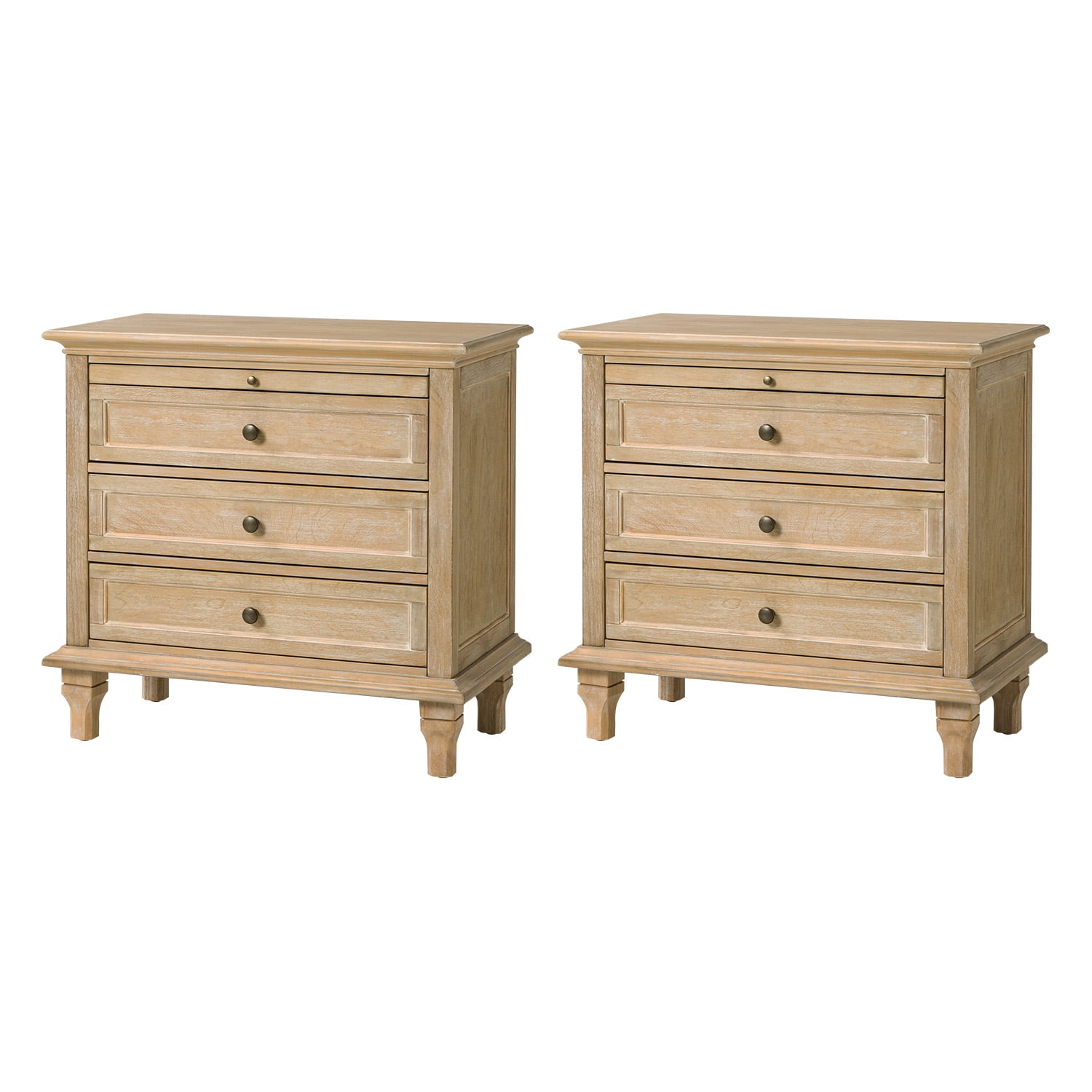 Tina's Home Farmhouse Natural Soild wood End Tables Set of 2 with Charging Station, 3 Drawer Side Table with Pull-Out Tray for Living Room, Small Spaces
