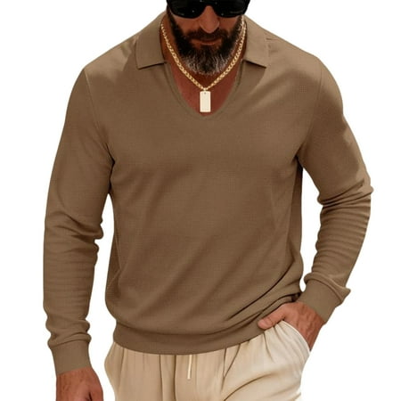 Men s Casual Shirts Waffle Long Sleeve V Neck Slim Fit Stretch Lapel Collar Solid Color Golf Shirts (XL Brown)