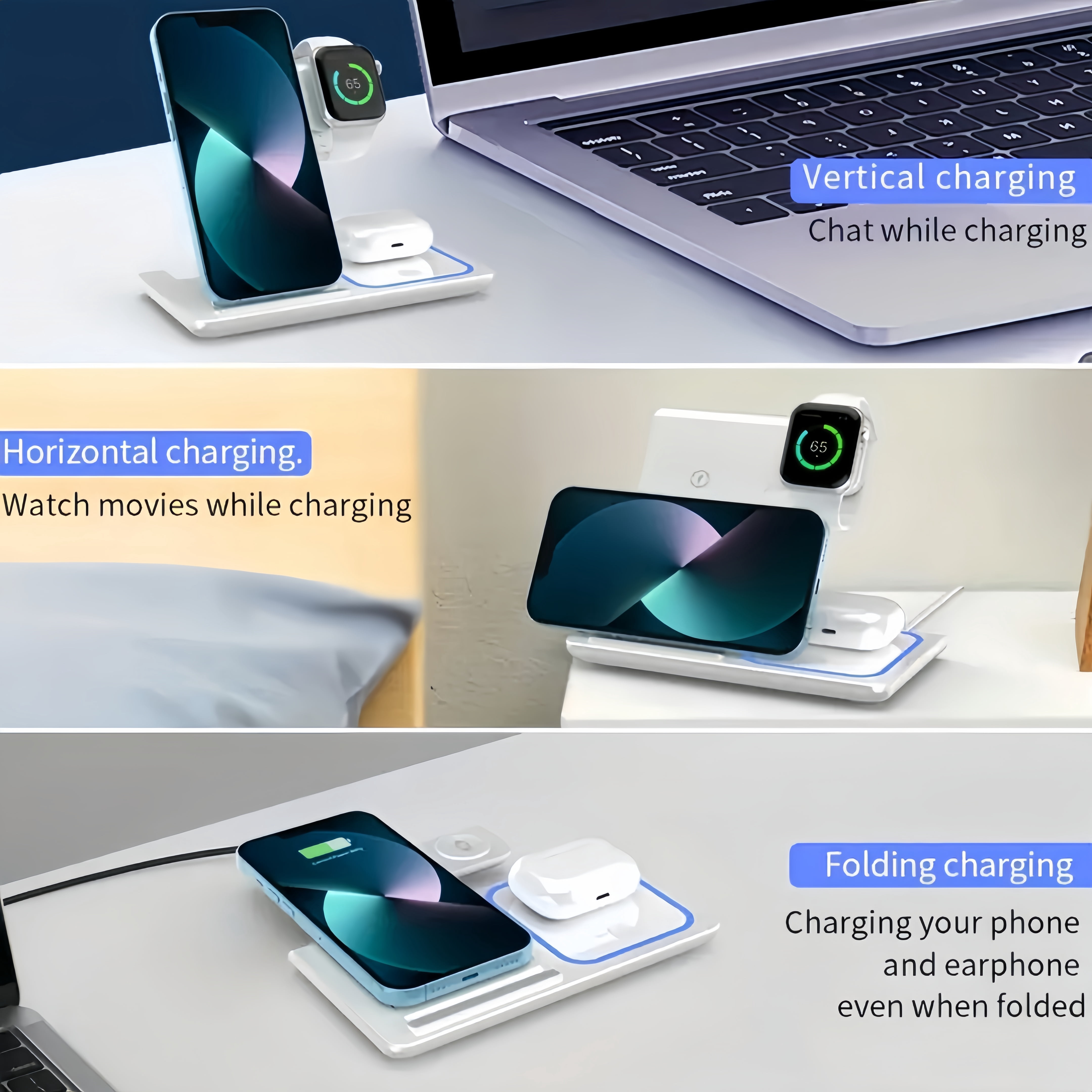 3-in-1 Wireless Charger: Fast Charge for iPhone/Apple Watch/AirPods – Foldable, White