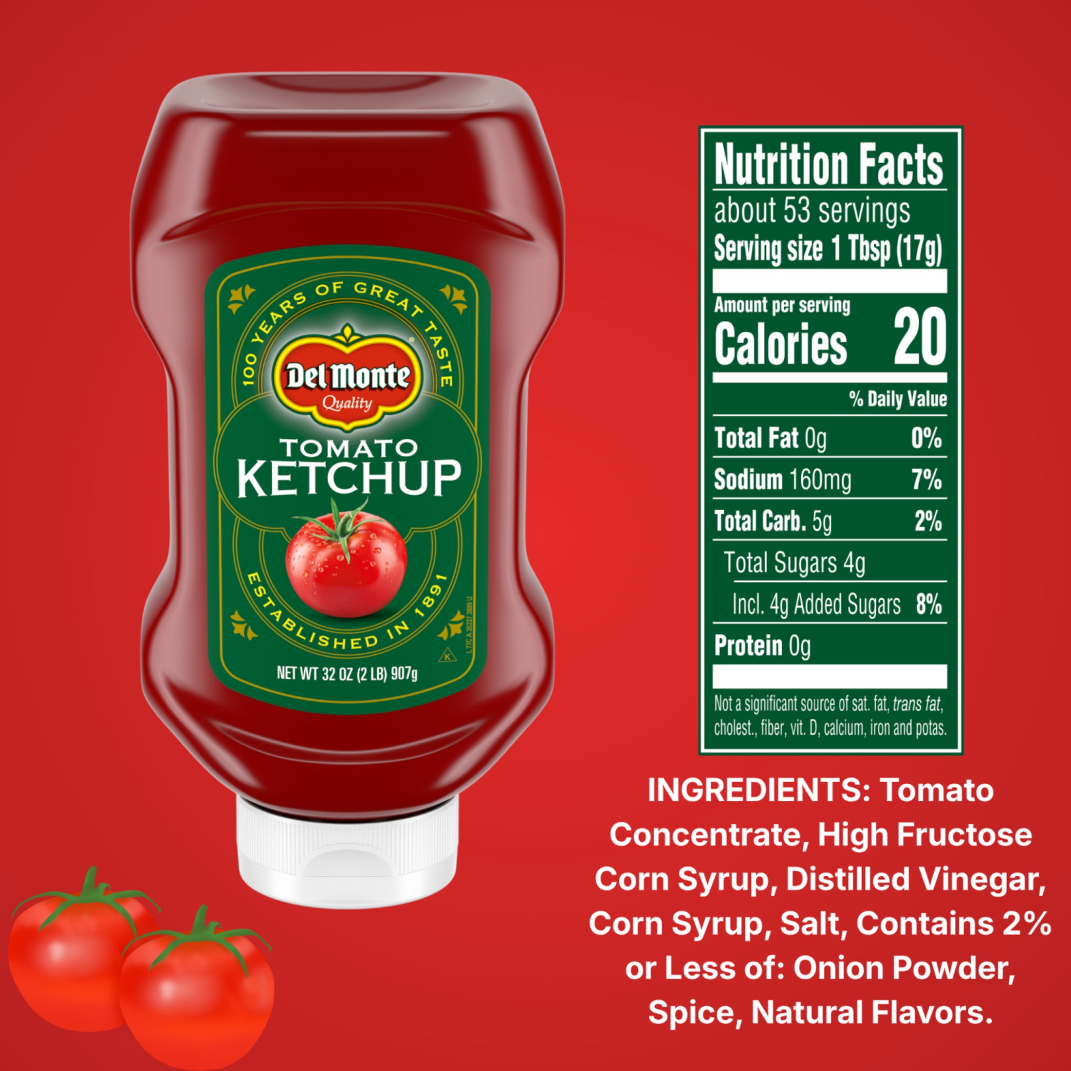 (2 pack) Del Monte Tomato Ketchup, Gluten Free, 32 oz Squeeze Bottle, Sweet Tangy Flavor