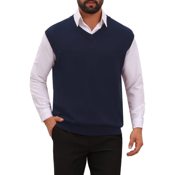 INSPIRE CHIC Men's Sweater Vest V Neck Solid Color Knit Sleeveless Top M Navy Blue