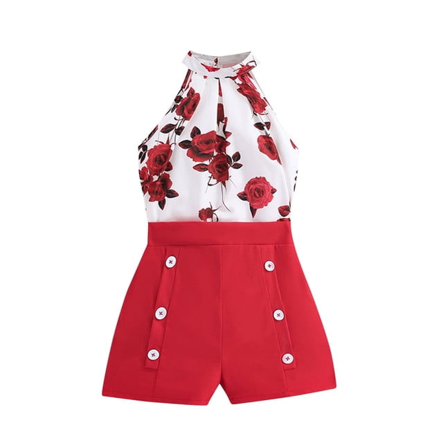 Shorts pour Filles, Débardeurs Décontractés Sans Manches à Col Rond avec Bretelles Imprimé Bouton
