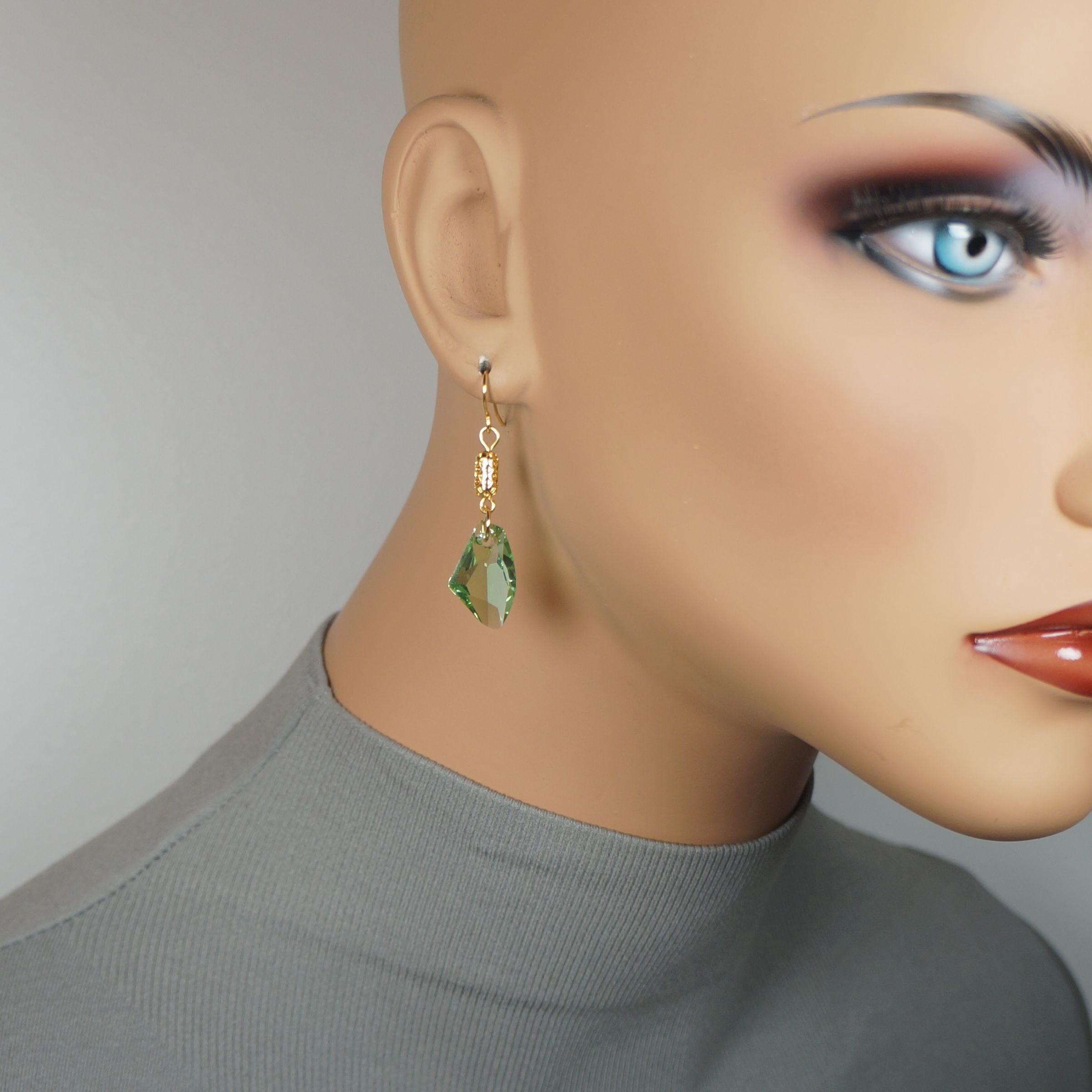 One Pair 19mm Austrian Galactic with Gold Woven Tube Dangle Earrings – Hypoallergenic Earwires - Peridot Green