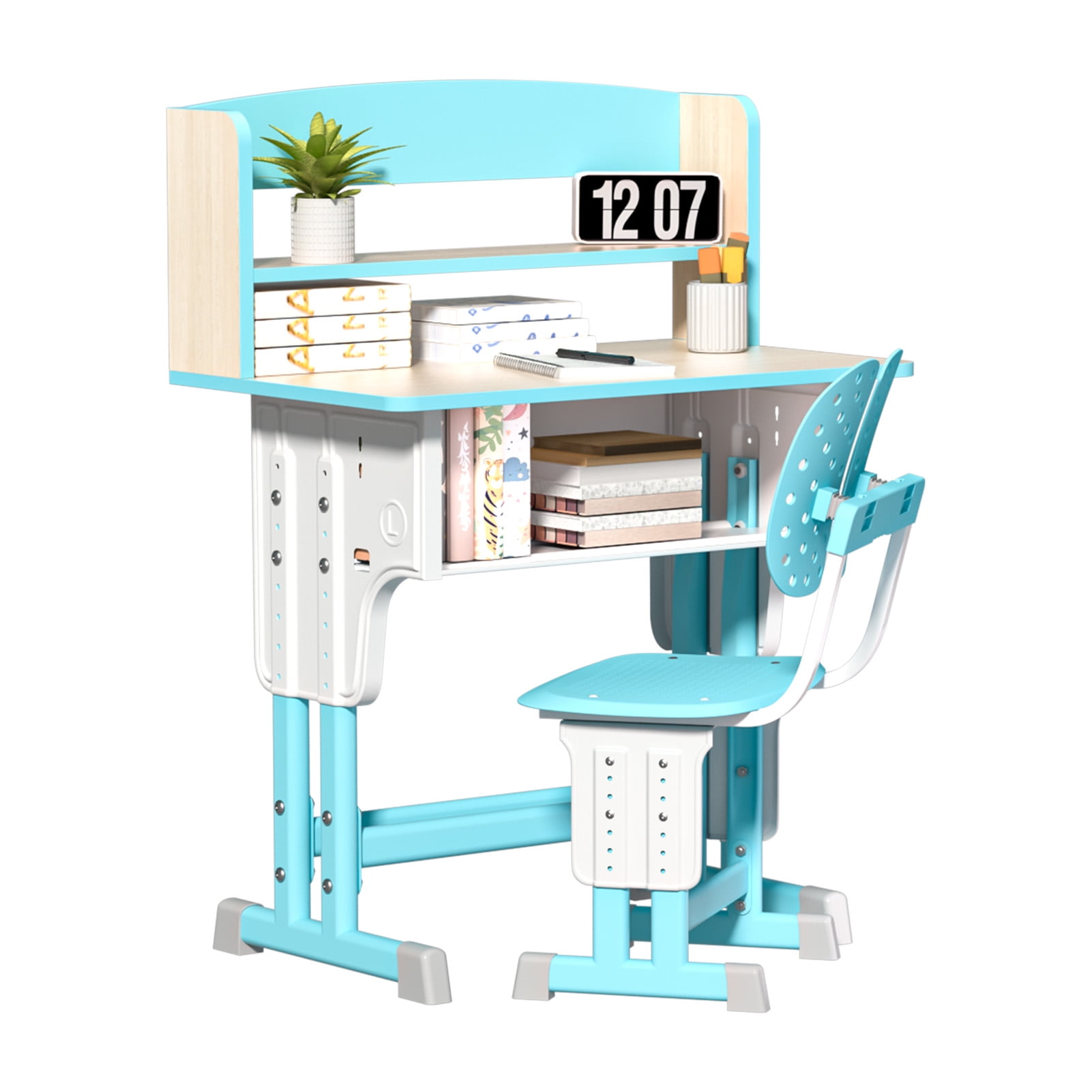 AurumEdge Kids Study Desk and Chair Set, Liftable School Leaning Table Chair Set with Drawer Design, Children Desk Chair Set with Dual Partition Book Stand, Backpack Hook, Cup Holder