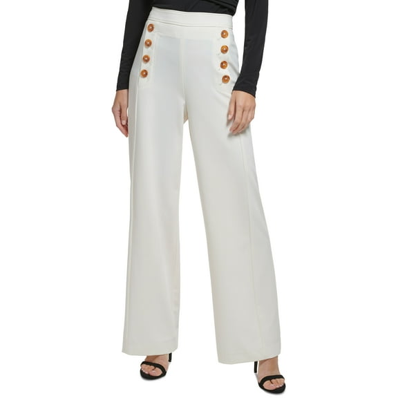 DKNY Womens Button-Trim Wide-Leg Sailor Pants Egg Nog 14