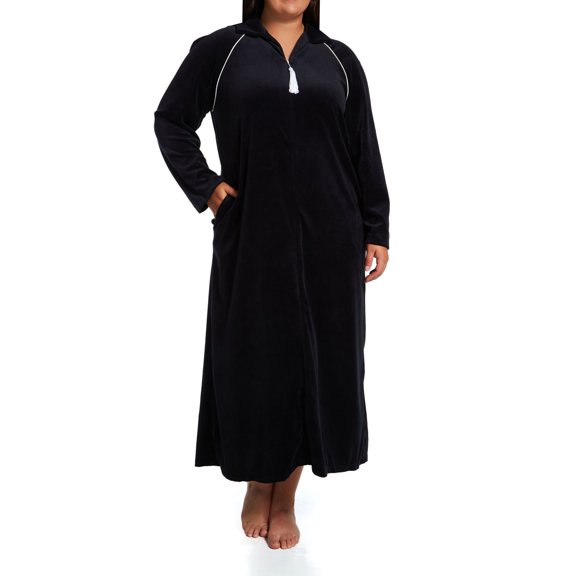 Women's Amanda Rich 607-37X Plus Velour Zip Front Robe (Black 2X)