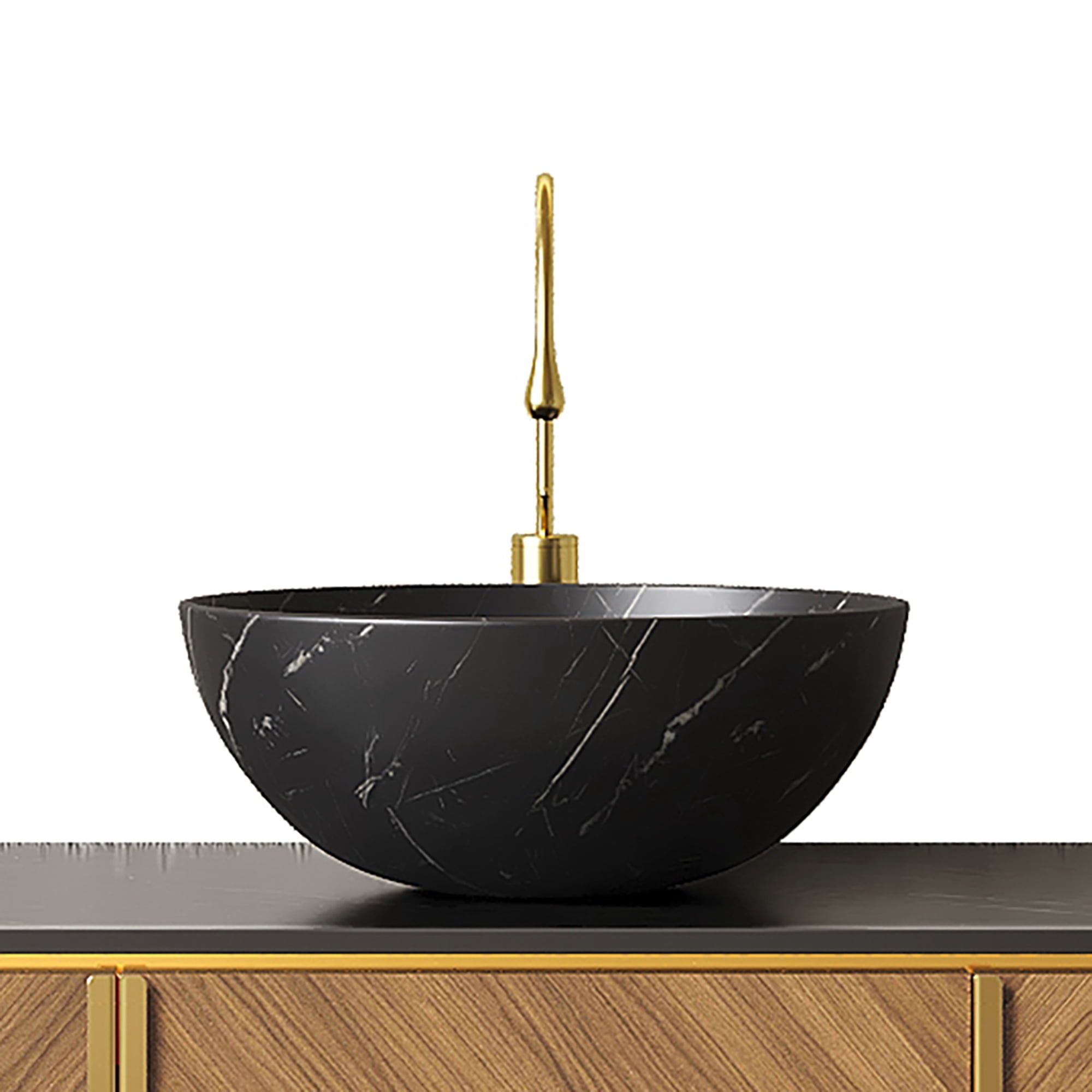 Wohh 14 Inch Bowl Shape Bathroom Sink with Marble Pattern, Small Black Ceramic Integrated Countertop Vessel Sink, 14.17 x 5.51 Inch Durable Porcelain Vanity Basin for Vanity Storage Cabinet Use