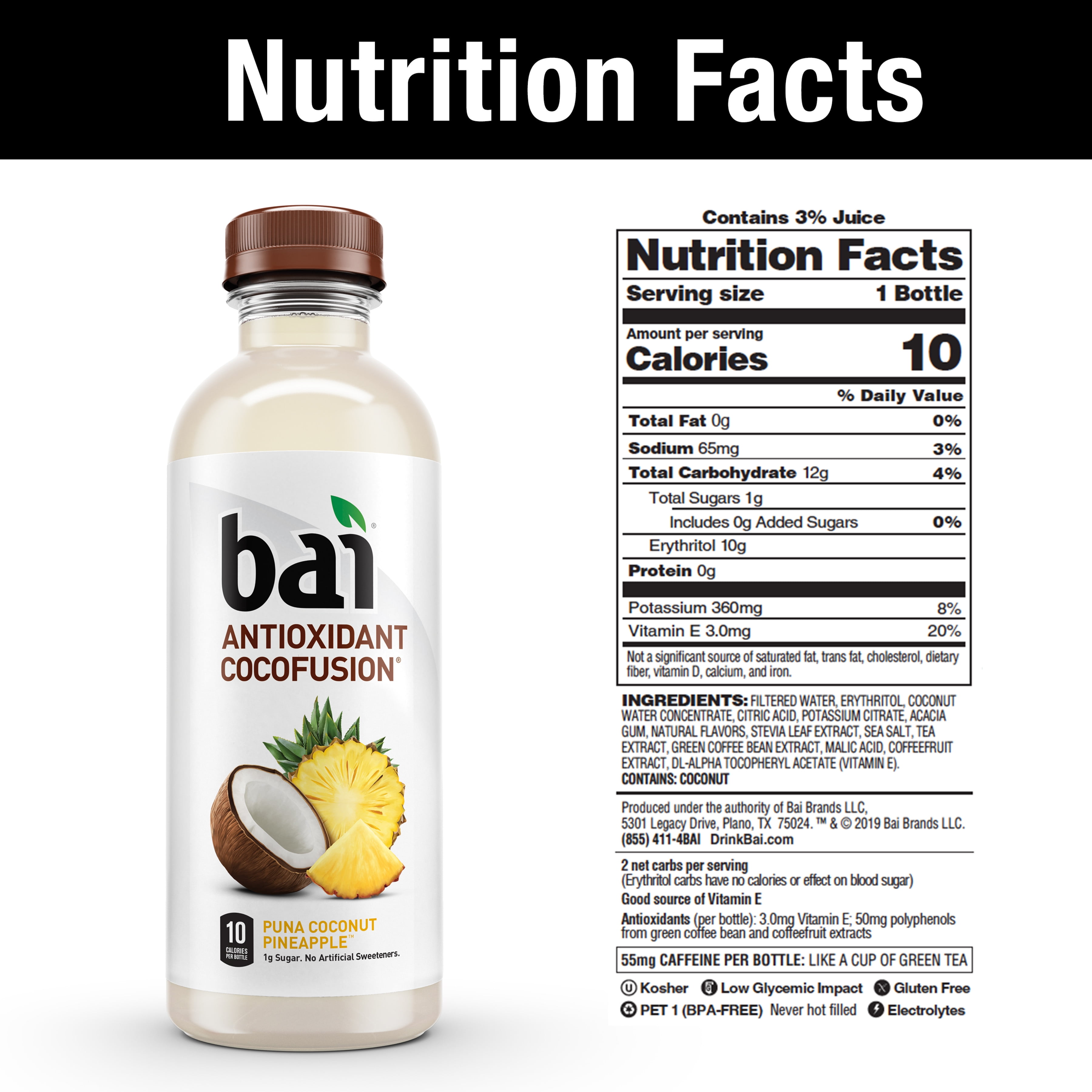 Bai Gluten-Free, Puna Coconut Pineapple, Antioxidant Infused Drink, 18 Fl  Oz, 12 Pack Bottles
