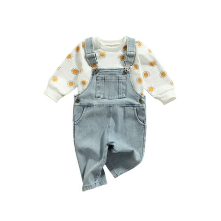 

Canrulo Infant Toddler Baby Girls 2pcs Clothes Long Sleeves Sun Print Sweatshirt Tops + Suspender Jeans Pants Sets White Blue 12-18 Months