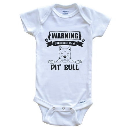 

Warning Protected By A Pit Bull Funny Cute Dog Breed Baby Bodysuit