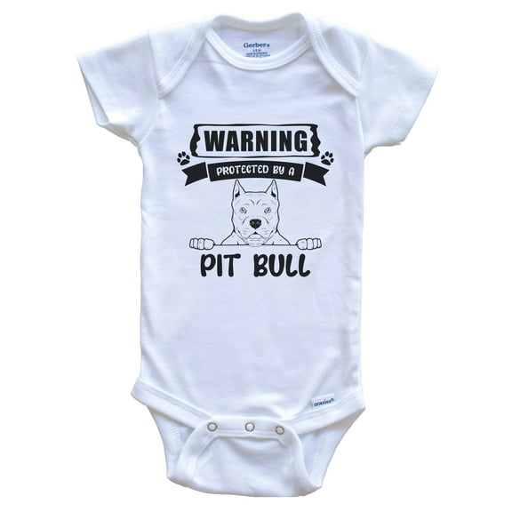 Warning Protected by a Pit Bull Funny Cute Dog Breed Baby Bodysuit, 0-3 months white