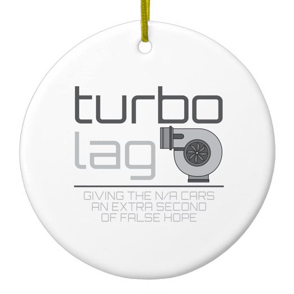 DistinctInk Hanging Ceramic Christmass Tree Ornament with Gold String - Great Gift / Present - 2 3/4 inch diameter - Turbo Lag - Giving N/A Cars False Hope