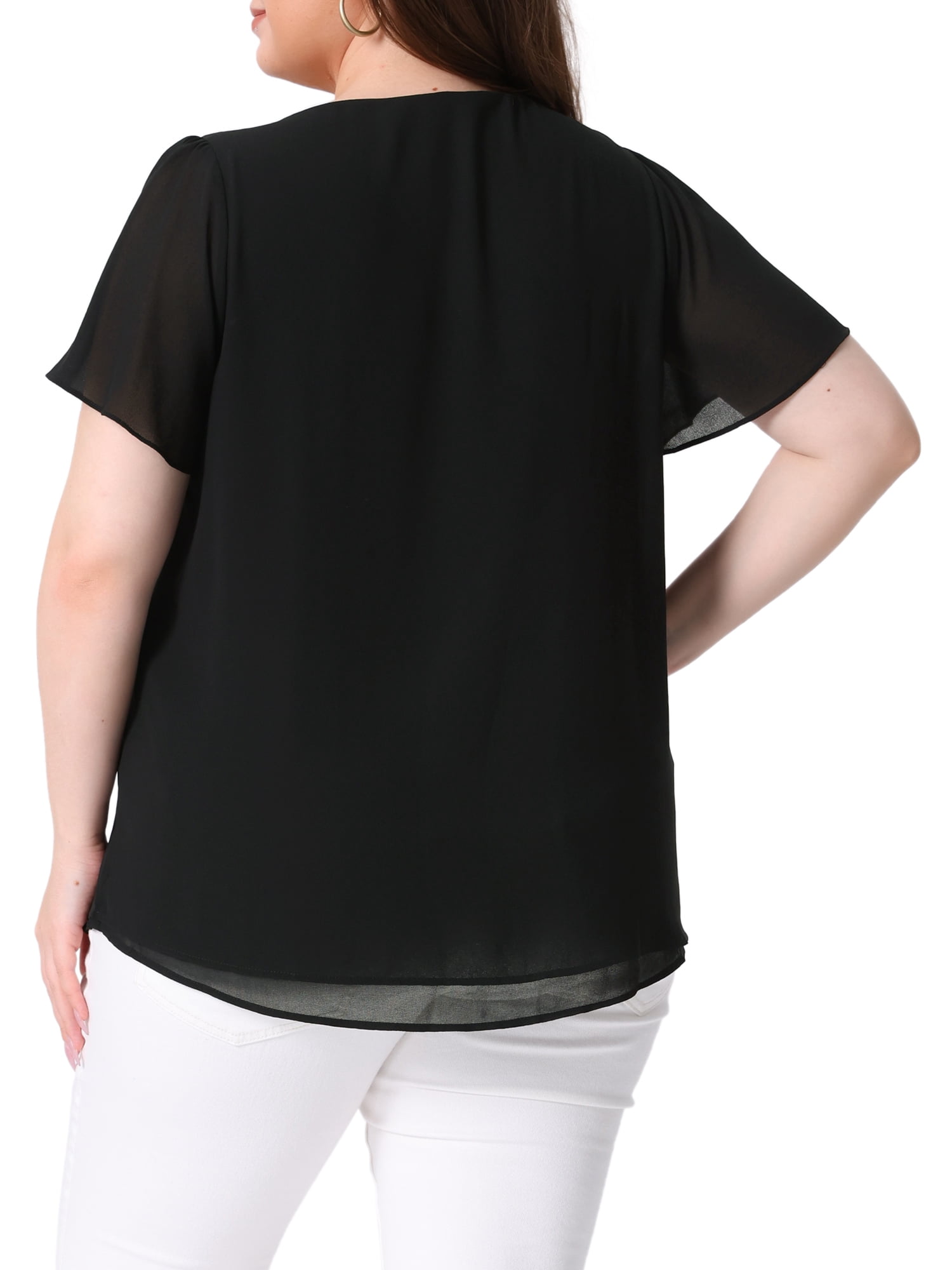 DARING DIVA Women's Plus Chiffon Ruffle Double-Layered Top 1X Black