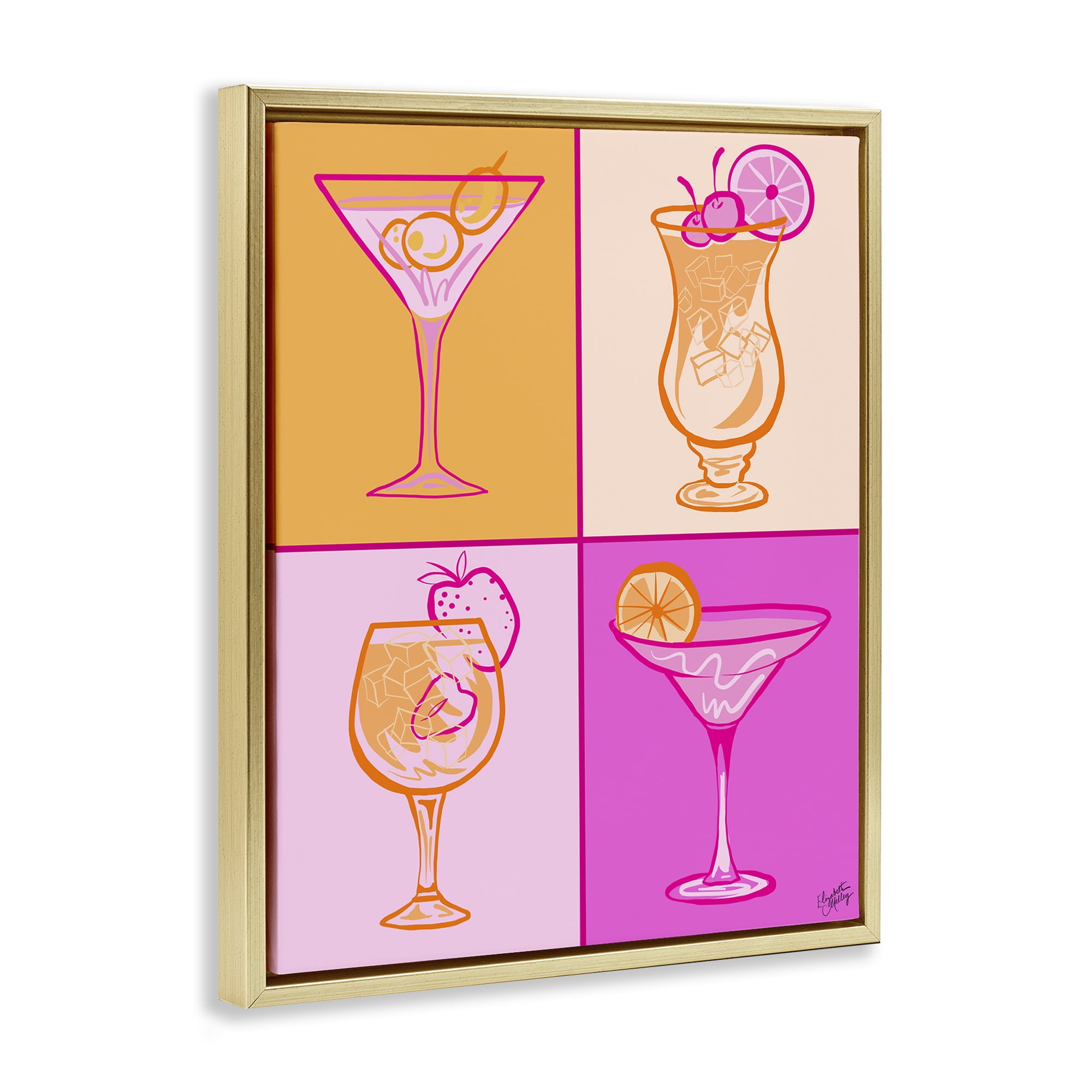 Stupell Industries Pink & Orange Cocktails Food & Beverage Painting Gold Floater Framed Canvas Art Print Wall Art, 17 x 21